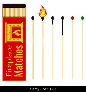 Long fireplace red matchbox and match sticks varying degrees of burning flat design icon set. Stock Vector
