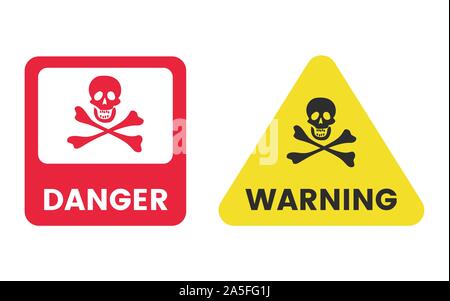 Danger warning message vector signs set. Red square and yellow triangle with skull and crossbones illustration with typography. Restricted area, caution symbols, dangerous chemicals, poison labels Stock Vector