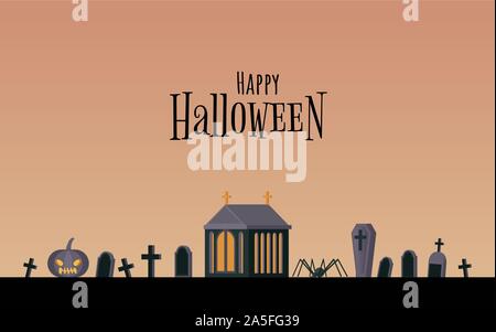 Happy holiday flat banner vector template. Traditional postcard, greeting card idea with halloween congratulations. Spooky graveyard with jack lantern, spiders and crypt illustration with typography Stock Vector