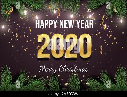 Happy new year postcard vector template. Merry christmas greeting card, traditional holiday banner design. Golden 2020 number in decorative fir branches frame realistic illustration with typography Stock Vector