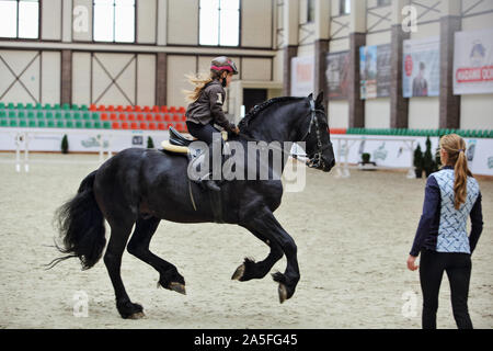 Little girl with black friesian stallion and trainer in manege at summer evening Stock Photo