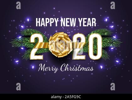 Merry christmas greeting card vector template. Holiday greeting card design with new year congratulations. 2020 number with golden gift ribbon and fir branches realistic illustration with typography Stock Vector