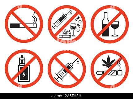 Sign forbidden drugs in red crossed out circle on white background. No smoking, no drugs, no vaping and no alcohol. Isolated vector illustration. Stock Vector