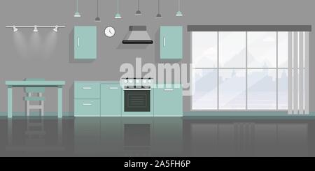 Kitchen interior decor flat vector illustration. Clean empty dining room panorama with no people, modern apartment furnishing. Stove with oven, cabinets, exhaust hood and table with chair Stock Vector