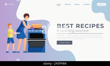 Best recipes landing page vector template. Culinary tutorials website homepage interface idea with flat illustration. Delicious homemade desserts cooking web banner, webpage cartoon concept Stock Vector
