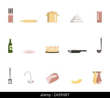 Kitchen accessories flat vector illustrations set. Cooking equipment and food ingredients, culinary icons pack. Rolling pin, olive oil bottle, spatula and delicious cake isolated on white background Stock Vector