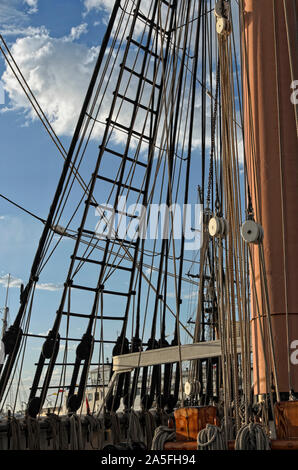 Rigging detail of haunted tall ship sailboat ghost ship Star of India, the oldest preserved US sailing ship, Embarcadero, San Diego, California. Stock Photo