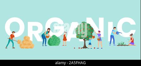 Organic farm harvest word concept banner. Parents and children gathering ripe bio apples and picking black currant with baskets. Rancher near haystack, gardeners planting flowers cartoon characters Stock Vector