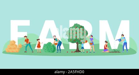 Farm workers chores word concept banner. Mother and son gathering bio apples harvest and black currant berries with baskets. Farmer near haystack, gardeners planting flowers cartoon characters Stock Vector