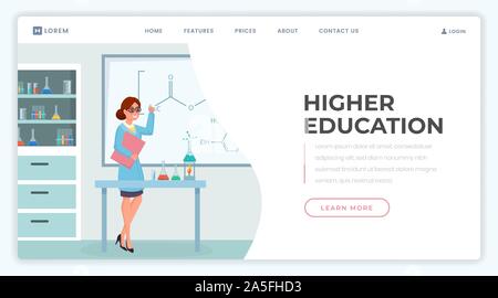 Higher education landing page vector template. College, university website homepage interface idea with flat illustration. Professional chemistry classes web banner, webpage cartoon concept Stock Vector