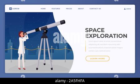 Space exploration landing page vector template. Observatory, planetarium website homepage interface idea with flat illustration. Universe observation, astronomy web banner, webpage cartoon concept Stock Vector