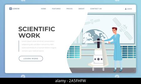 Scientific work landing page vector template. Modern science and technology website homepage interface idea with flat illustration. Professional study web banner, webpage cartoon concept Stock Vector