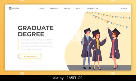 Graduate degree landing page vector template. Online school, college website homepage interface idea with flat illustration. Academic diploma, certificate obtaining web banner, webpage cartoon concept Stock Vector