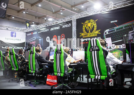 POZNAN, POLAND - October, 18th 2019: Gaming stands at the PGA2019. PGA2019 is a computer games and entertainment event organized in polish city of Poz Stock Photo