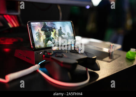 POZNAN, POLAND - October, 19th 2019: 'Call of Duty: Mobile' game on ROG phone at PGA2019. PGA2019 is a computer games and entertainment event organize Stock Photo