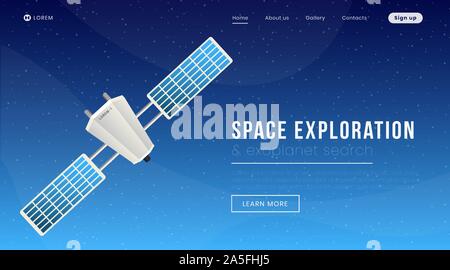 Space exploration landing page vector template. Modern science, cosmology website homepage interface idea with flat illustration. Exoplanet search program web banner, webpage cartoon concept Stock Vector