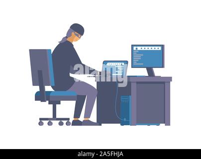 Hacking activity, cybercrime flat vector illustration. Dangerous thief in mask working with computer cartoon character. Cybercriminal stealing data, cybersecurity breach, hacker attack concept Stock Vector