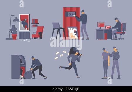 Criminal activities flat vector illustrations set. Robber, thief in mask and security officer cartoon characters. Burglar breaking in house, picking lock, hacking computer and escaping with money Stock Vector