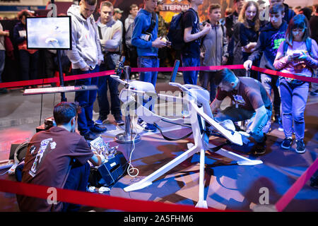 POZNAN, POLAND - October, 19th 2019: VR flight simulator prepared at PGA2019. PGA2019 is a computer games and entertainment event organized in polish Stock Photo