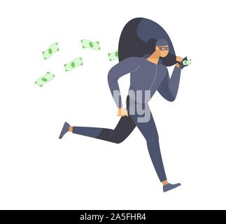 Thief stealing money flat vector illustration. Bank robber, burglar in mask escaping crime scene cartoon character. Dangerous lawbreaker, criminal holding cash bag isolated on white background Stock Vector