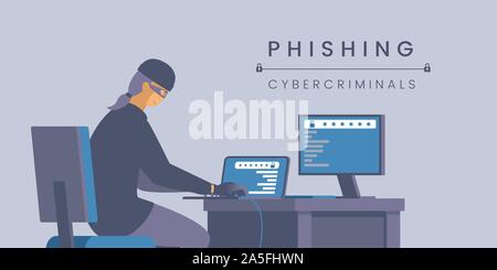 Phishing cybercriminals flat banner vector template. Personal information stealing, digital identity theft, cybercrime poster layout. Hacker in mask working with computer illustration with typography Stock Vector