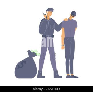 Policeman caught criminal flat vector illustration. Police officer in uniform and bank robber in mask cartoon characters. Security guard with walkie talkie and thief in handcuffs, crime punishment Stock Vector