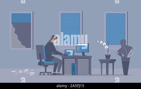 Hacker attack, cybercrime flat vector illustration. Criminal in mask working with computer cartoon character. Thief stealing information, cyber safety breach, hacking process, cybersecurity concept Stock Vector