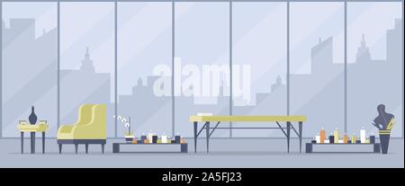Empty massage room flat vector illustrations. Beauty parlor furnishing, masseur workplace interior decor. Comfortable couch and armchair, burning candles for aromatherapy and decorative plant Stock Vector
