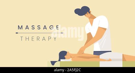 Massage therapy flat banner vector template. Professional masseur and young woman cartoon characters. Spa center service poster concept. Body treatment procedure illustration with typography Stock Vector