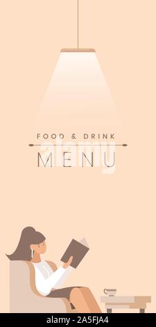 Gourmet restaurant flat banner vector template. Cafe visitor, customer cartoon character. Food and drink menu poster concept. Young woman sitting in armchair illustration with typography Stock Vector
