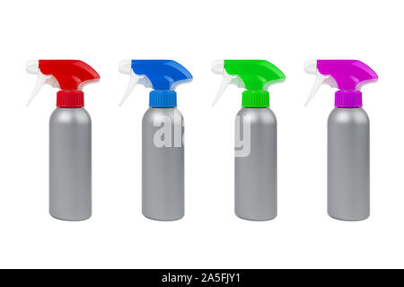 set of small plastic spray bottles with differend caps isolated on white background. Stock Photo