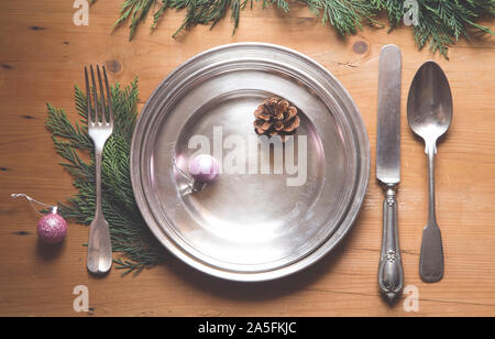 Vintage holiday table setting from above Stock Photo