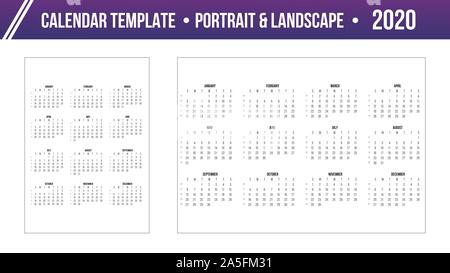 Calendar 2020 year Grid template in Portrait and Landscape simple style. Week starts from Sunday. Stock vector illustration isolated on white Stock Vector