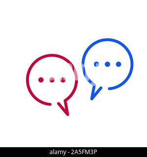 Two linear Dialog chat Speech bubbles with three dots in red and blue colors. Stock vector illustration isolated on white background. Stock Vector