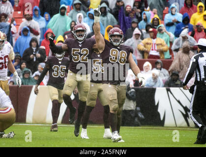 Landover, Maryland, USA. 20th Oct, 2019. Washington Redskins linebacker Ryan Anderson (52) and defensive end Matthew Ioannidis (98) celebrate their first quarter sack against the San Francisco 49ers at FedEx Field in Landover, Maryland on Sunday, October 20, 2018. The 49ers won the game 9 - 0 Credit: Ron Sachs/CNP/ZUMA Wire/Alamy Live News Stock Photo