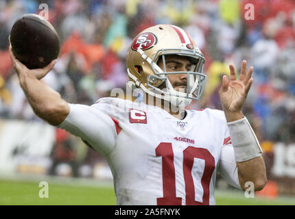 Landover, Maryland, USA. 20th Oct, 2019. San Francisco 49ers quarterback Jimmy Garoppolo (10) takes a warm-up throw during a break in the fourth quarter action against the Washington Redskins at FedEx Field in Landover, Maryland on Sunday, October 20, 2018. The 49ers won the game 9 - 0 Credit: Ron Sachs/CNP/ZUMA Wire/Alamy Live News Stock Photo
