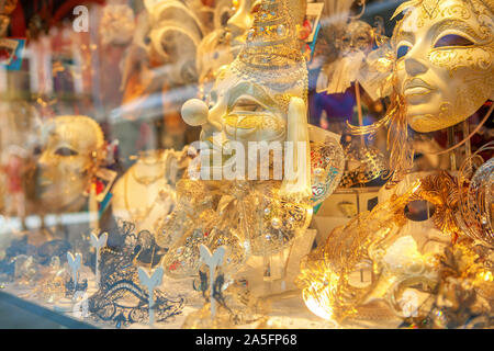 showcase with masks for Venetian carnival Stock Photo