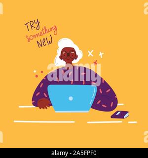 Older woman studying with a laptop.Vector  Stock Vector