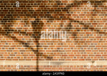 Reddish brown brick wall texture with English bond brickwork pattern, showing shadows from trees and a street light Stock Photo