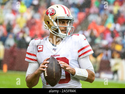 San Francisco 49ers quarterback Jimmy Garoppolo (10) takes a warm-up throw during a break in the fourth quarter action against the Washington Redskins at FedEx Field in Landover, Maryland on Sunday, October 20, 2018. The 49ers won the game 9 - 0.Credit: Ron Sachs/CNP | usage worldwide Stock Photo