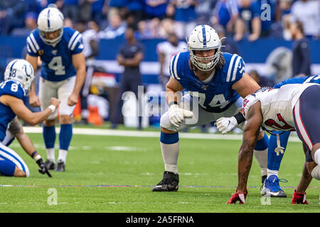 Indianapolis, Indiana, USA. 20th Oct, 2019. Indianapolis Colts offensive tackle Anthony Castonzo (74) prepares to block for an extra point attempt by Indianapolis Colts kicker Adam Vinatieri (4) in the first half of the game between the Houston Texans and the Indianapolis Colts at Lucas Oil Stadium, Indianapolis, Indiana. Credit: Scott Stuart/ZUMA Wire/Alamy Live News Stock Photo