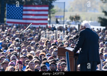 Democratic Presidential hopeful, Vermont Senator, Bernie Sanders speaks during a Bernie’s Back rally at Queensbridge Park. Stock Photo