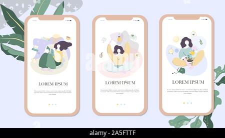 Bloggers with magnifier Set flat woman with plants. Reading, yoga, garden home work freelance and shopping device content concept. Mobile UI UX GUI Stock Vector