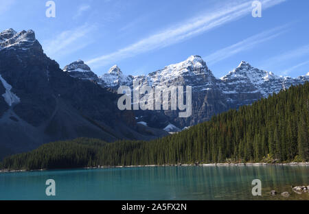 Conifers and mountains are reflected in the glacial waters of Moraine Lake. Moraine Lake, Banff National Park, Alberta, Canada.