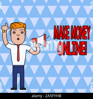 Conceptual hand writing showing Make Money Online. Concept meaning making profit using internet like freelancing or marketing Man Standing with Raised Stock Photo