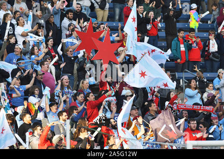 Bridgeview, Illinois, USA. 20th Oct, 2019. Chicago Red Star fans cheering during the NWSL semifinal match between the Chicago Red Stars and Portland Thorns FC at SeatGeek Stadium in Bridgeview, Illinois. Dean Reid/CSM/Alamy Live News Stock Photo