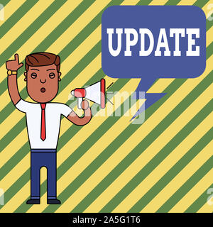 Word writing text Update. Business photo showcasing make something more modern or up to date like software programs Man Standing with Raised Right Ind Stock Photo