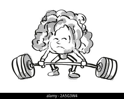 Retro cartoon style drawing of a Lettuce, a healthy vegetable lifting or powerlifting a barbell on isolated white background done in black and white Stock Photo