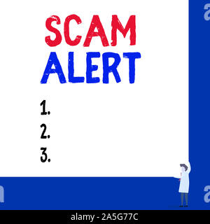 Conceptual hand writing showing Scam Alert. Concept meaning unsolicited email that claims the prospect of a bargain Professor wear white coat red tie Stock Photo