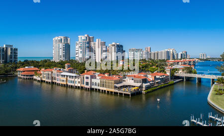 Aerial images of The Village Shops on Venetian Bay in Park Shore area of Naples FL on the Gulf of Mexico south of Fort Myers and near Marco Island FL Stock Photo